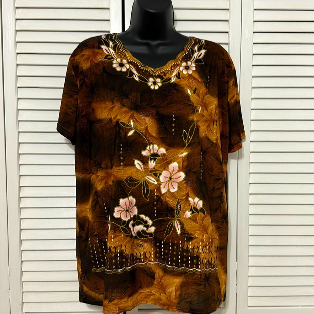 Sparkly Floral Blouse XL/XXL Round Neck Short Sleeve Shirt Top